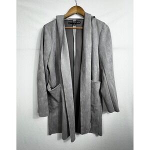 HYFVE Faux Suede Gray Longline Open Cardigan Jacket Hooded with‎ Pockets Size M